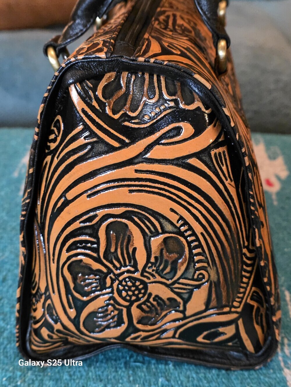 Floral Artisan Leather Speedy Satchel Burnt Copper & Black Western Crossbody - Picture 11 of 17